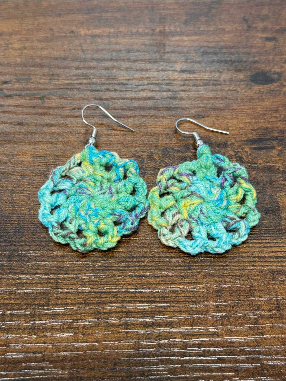 Handmade Crochet Circle Earrings in Green and Blue Tones